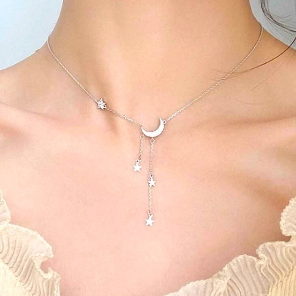 Silver Star and Moon Dangle Pendant Necklace - Picture 1 of 2